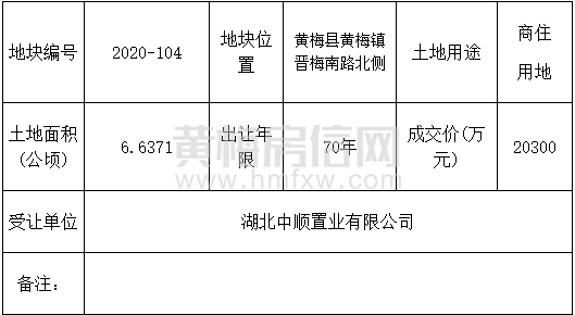 黄梅县自然资源和规划局2020-104国有土地使用权招拍挂出让成交公示
