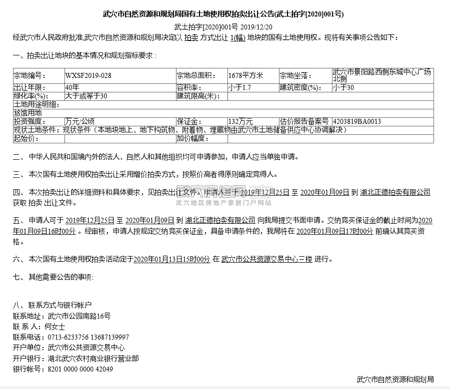 武穴市自然资源和规划局国有土地使用权拍卖出让公告（武土挂字【2020】001号）