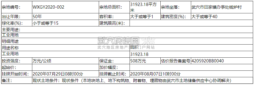 武穴市自然资源和规划局国有土地使用权挂牌出让公告(武土挂字[2020]006号)